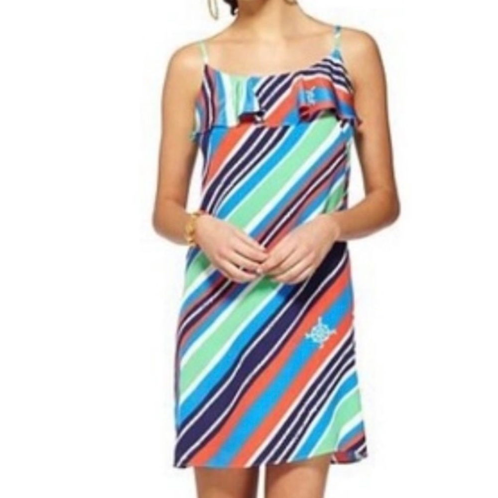 Lilly Pulitzer Silk Dress Laya Nautical Striped Ruffle Large